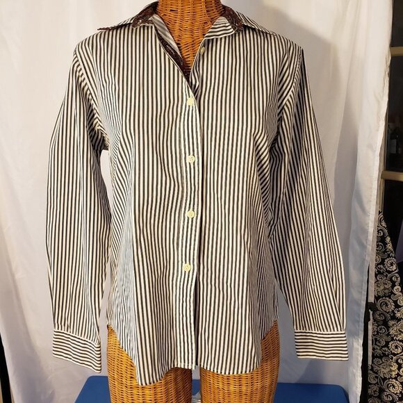Ladies WITT Striped Button Down Shirt in Blue & White w/Paisley Trim - 6 - Picture 1 of 4